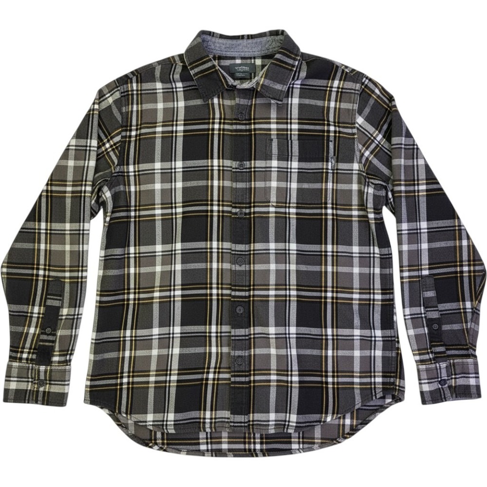 Eddie Bauer Mens Plaid Flannel Shirt Black Grey Yellow EMT13795 L Long Sleeve